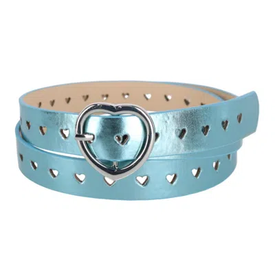 Ctm Women's Metallic Heart Punched Belt With Heart Buckle In Blue