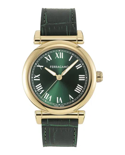 Ferragamo Allure Leather Watch With Green Sunray Dial In Multi