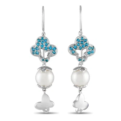 Io Si 18k White Gold 0.02ct Diamond And Blue Gemstone Earrings In White