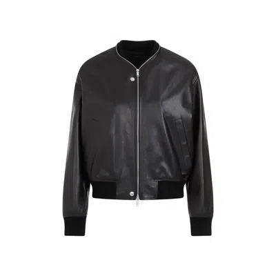 Jil Sander Ribbed Collar Leather Bomber Jacket In Black