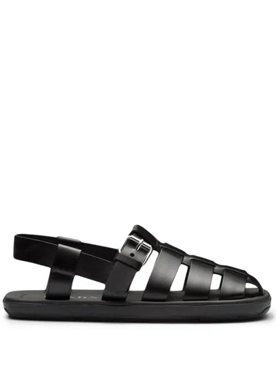 Shop Prada Interwoven Straps Flat Sandals In Black