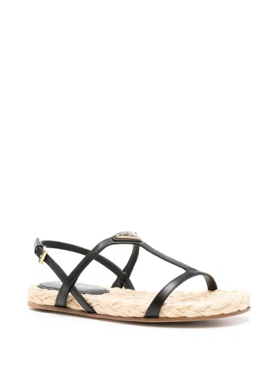 Prada Triangle Logo Raffia And Leather Flat Sandals In Black