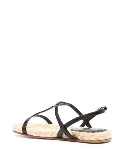 Prada Triangle Logo Raffia And Leather Flat Sandals In Black