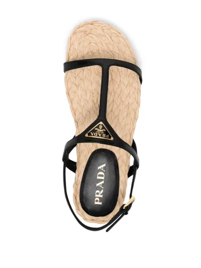 Prada Triangle Logo Raffia And Leather Flat Sandals In Black