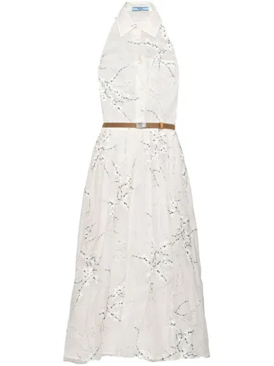 PRADA PRADA FLORAL-EMBROIDERED SILK MIDI DRESS 