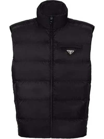 Prada Triangle Logo Zip-up Padded Vest In Black