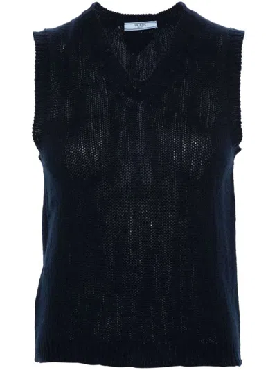 Prada Knit Cashmere Sleeveless V-neck Vest In Blue