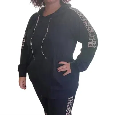 Shirley Stone Leopard Trimmed Hoodie In Black In Black