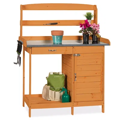 Best Choice Products Outdoor Garden Wooden Potting Bench Station W/ Metal Table Top, Pre-stained Finish, Cabinet - Brown