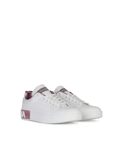 Dolce & Gabbana Portofino White And Pink Low Top Sneakers With Logo In Leather Woman In White