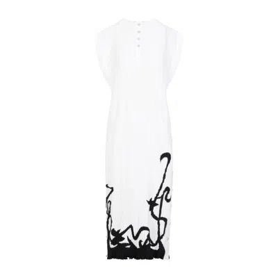 Lanvin Sleeveless Pleated Midi Dress With Abstract Pattern In White