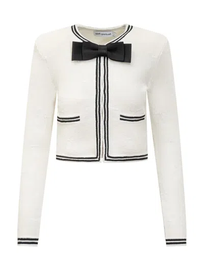 Self-portrait Beige Cardigan With Bow Detail On The Front And Contrasting Trims In Cotton Blend Woman In White