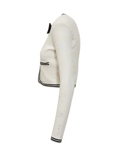 Self-portrait Beige Cardigan With Bow Detail On The Front And Contrasting Trims In Cotton Blend Woman In White