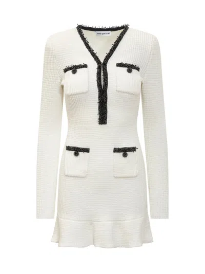 Self-portrait Textured White Dress With Beaded V-neckline In White