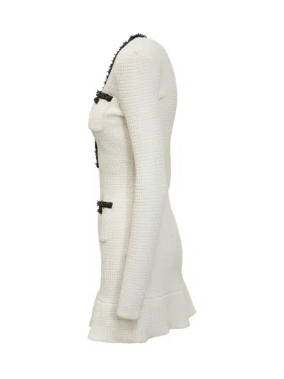 Self-portrait Textured White Dress With Beaded V-neckline In White