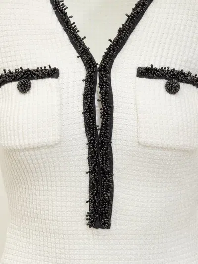 Self-portrait Textured White Dress With Beaded V-neckline In White
