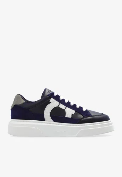 Ferragamo Low Top Sneaker With Gancini Outline In Midnight Blue