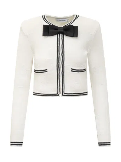 Self-portrait Beige Cardigan With Bow Detail On The Front And Contrasting Trims In Cotton Blend Woman In White