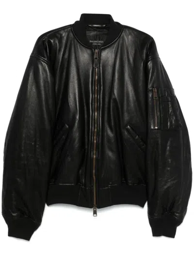 Balenciaga Black Leather Bomber Jacket In Black