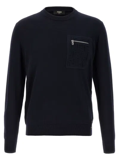 Fendi Breast Pocket Wool Pullover Clothing In Blue