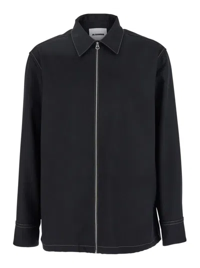 Jil Sander Black Zip-up Shirt With Contrasting Stitching In Tech Fabric Man In Black