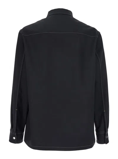 Jil Sander Black Zip-up Shirt With Contrasting Stitching In Tech Fabric Man In Black