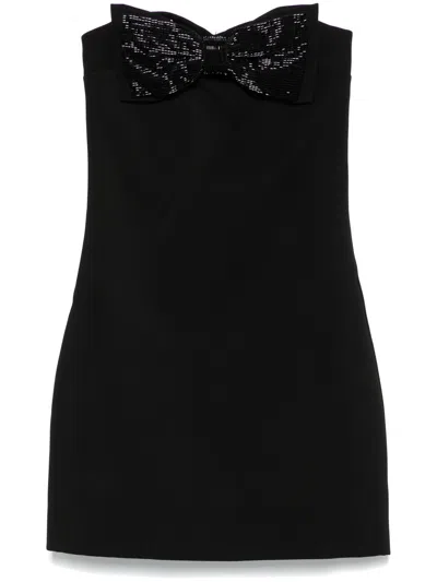 Self-portrait Black Sleeveless Mini Dress With Bandeau And Beaded Oversize Bow In Tech Fabric Woman