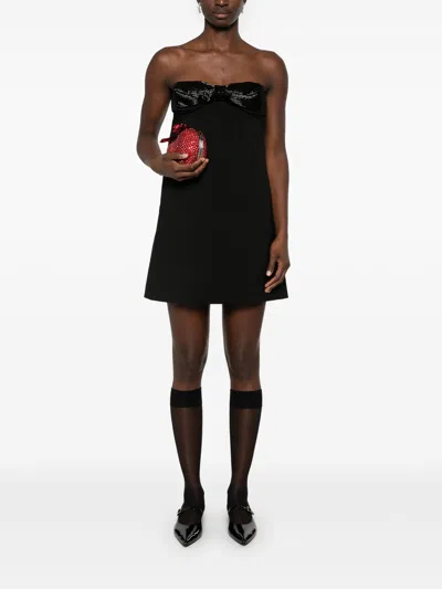 Self-portrait Black Sleeveless Mini Dress With Bandeau And Beaded Oversize Bow In Tech Fabric Woman