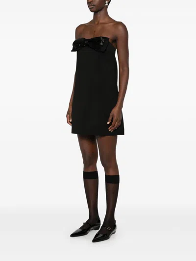 Self-portrait Black Sleeveless Mini Dress With Bandeau And Beaded Oversize Bow In Tech Fabric Woman