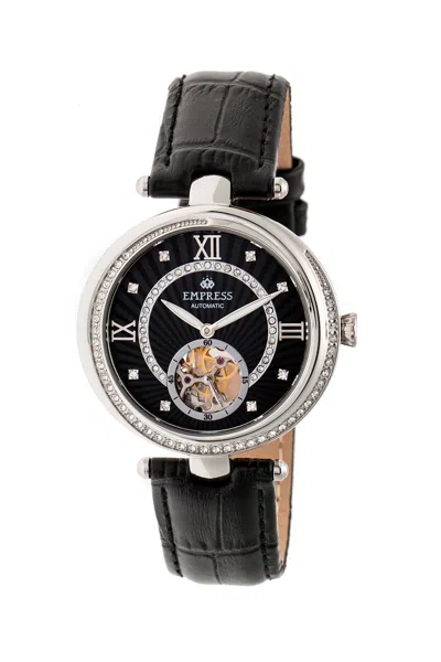 Empress Stella Automatic Semi-skeleton Mop Leather-band Watch In Black