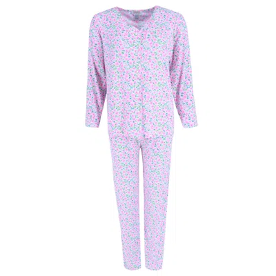 Gabriella Women's Button Up Long Sleeve & Pant Pink Floral Set In Pink
