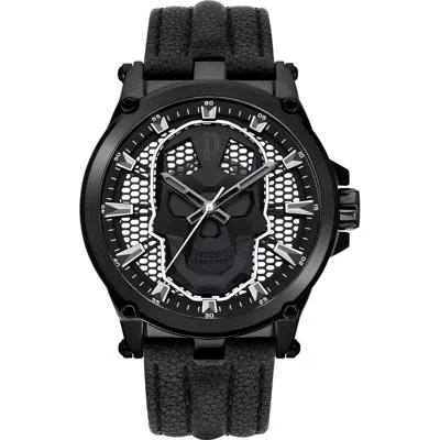 Police Black Leather Watch In Black