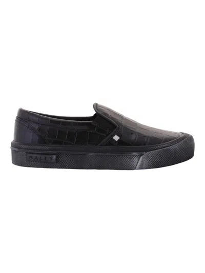 Bally Black Leory-croc Embossed Slip-on Sneakers In Black