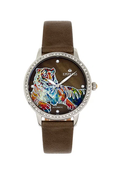 Empress Diana Automatic Engraved Mop Leather-band Watch In Green