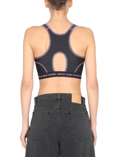 Versace Jeans Couture Logo Band Crop Top With Contrast Stitching In Black
