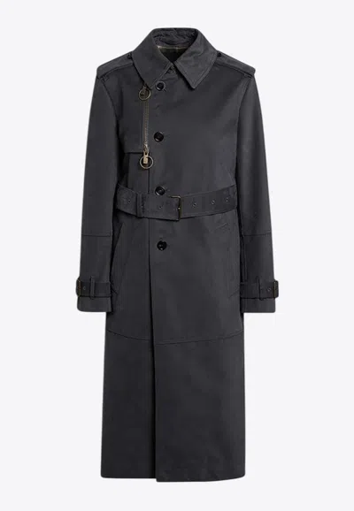 Burberry Long Ash Coloured Cotton And Nylon Trench Coat In Black