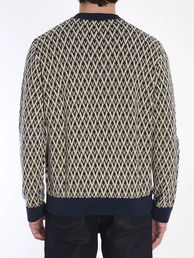 Valentino Crewneck Wool Jumper With Toute La V Jacquard Pattern In Blue