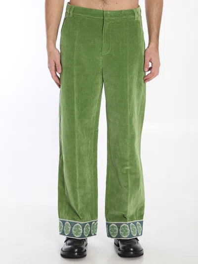 Valentino Garavani Velvet Trousers With Jacquard Hem In Green