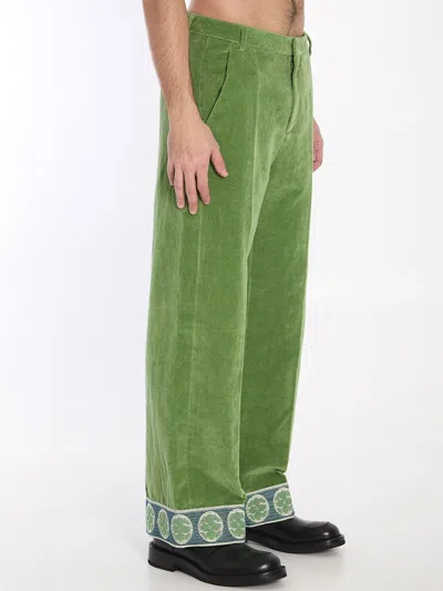 Valentino Garavani Velvet Trousers With Jacquard Hem In Green
