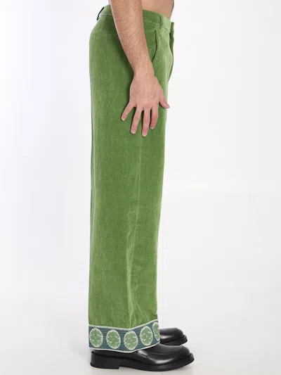 Valentino Garavani Velvet Trousers With Jacquard Hem In Green