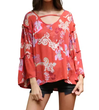Angie Floral Ruffle Seam Bell Sleeve Tunic In Watermelon In Pink