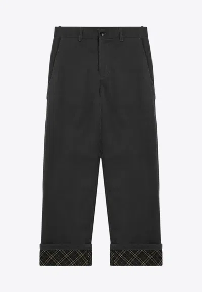 Burberry Black Pants With Logo Embroidery On The Side And Turn-up Checked Hem In Cotton Man In Black