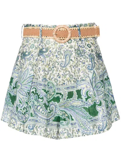 Zimmermann Ottie Belted Pleated Printed Linen Shorts In Green