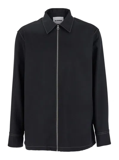 Jil Sander Black Zip-up Shirt With Contrasting Stitching In Tech Fabric Man In Black