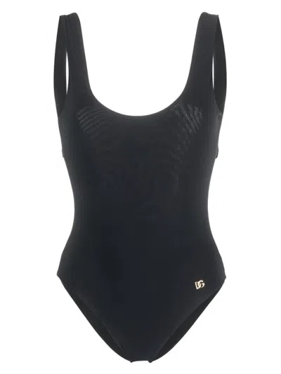 Dolce & Gabbana Logo-plaque Scoop-neck Swimsuit In Black