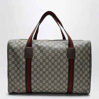Gucci Medium Duffle Bag With Web Detail In Beige And Ebony Gg Fabric Men In Brown