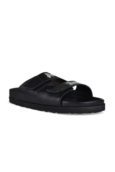 Palm Angels Slides With Logo And Touch Strap In Black Leather Woman In Black