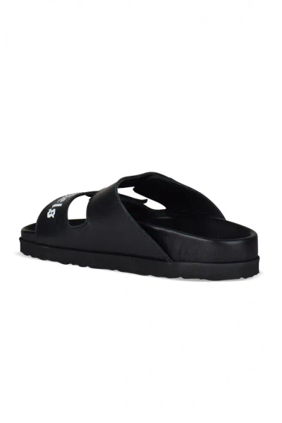 Palm Angels Slides With Logo And Touch Strap In Black Leather Woman In Black
