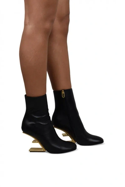 Fendi Lambskin Metallic F-heel Ankle Booties In Black