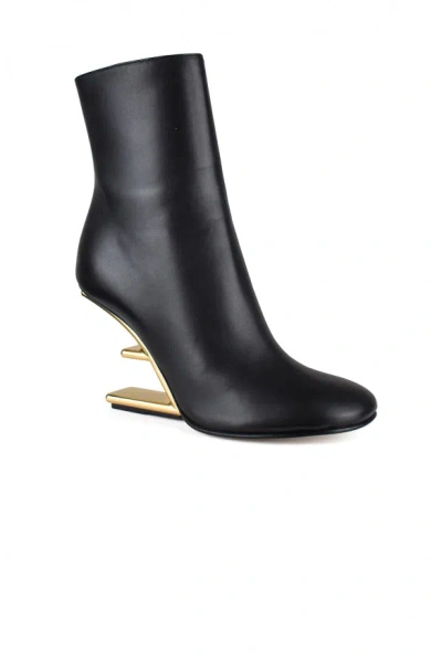 Fendi Lambskin Metallic F-heel Ankle Booties In Black